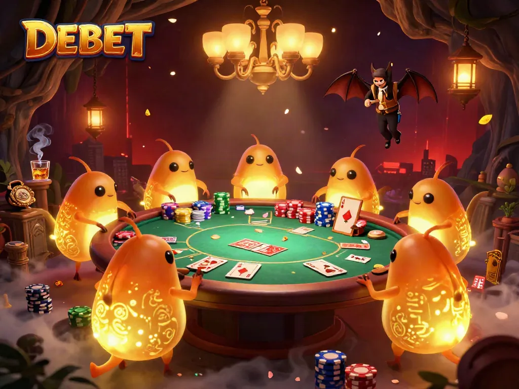 Experience DEBET with glowworms lighting up a vibrant casino scene and thrilling poker action.