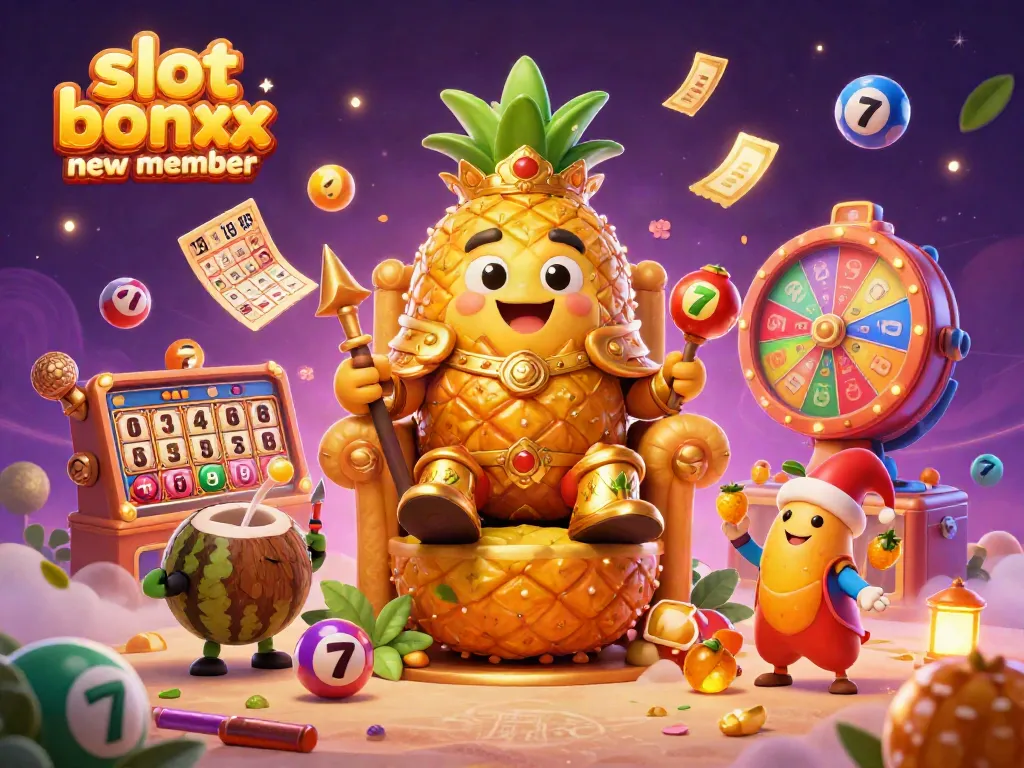 Experience the excitement of slot bonus new member with a golden pineapple king in a vibrant casino scene.
