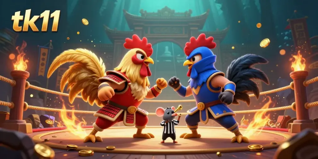 Engage in a thrilling clash of tk11 fighting roosters in an epic casino-style arena with vibrant elements.