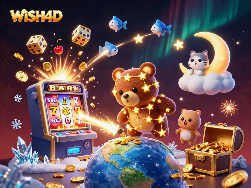 WISH4D features a 3D golden star bear collecting coins in a vibrant casino scene.