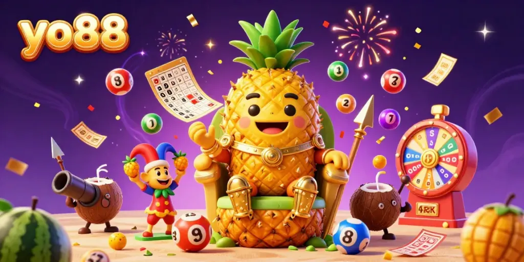 Experience thrilling gaming at yo88 with vibrant golden characters, dynamic lottery elements, and a tropical casino backdrop.
