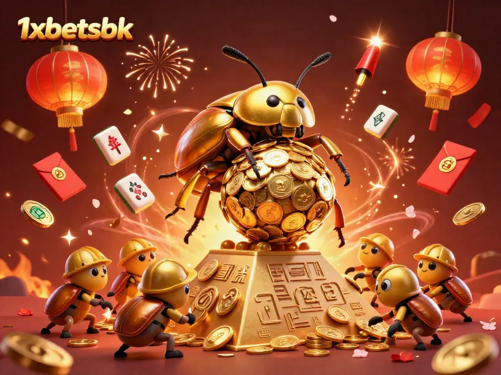 Experience thrilling wins with 1xbetsbk as a golden dung beetle rolls coins in a festive scene.