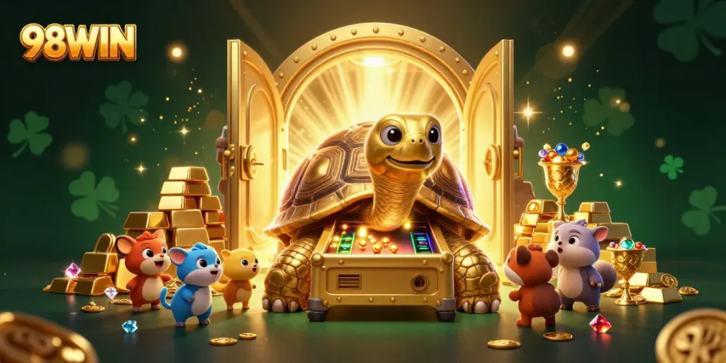 Engage with thrilling games at 98WIN, featuring vibrant golden tortoise pinball machine and animated characters.