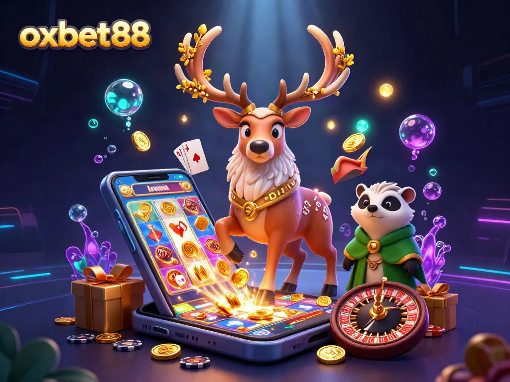 Experience the thrill of oxbet88 with a vivid slot game scene featuring animated characters and dazzling prizes.