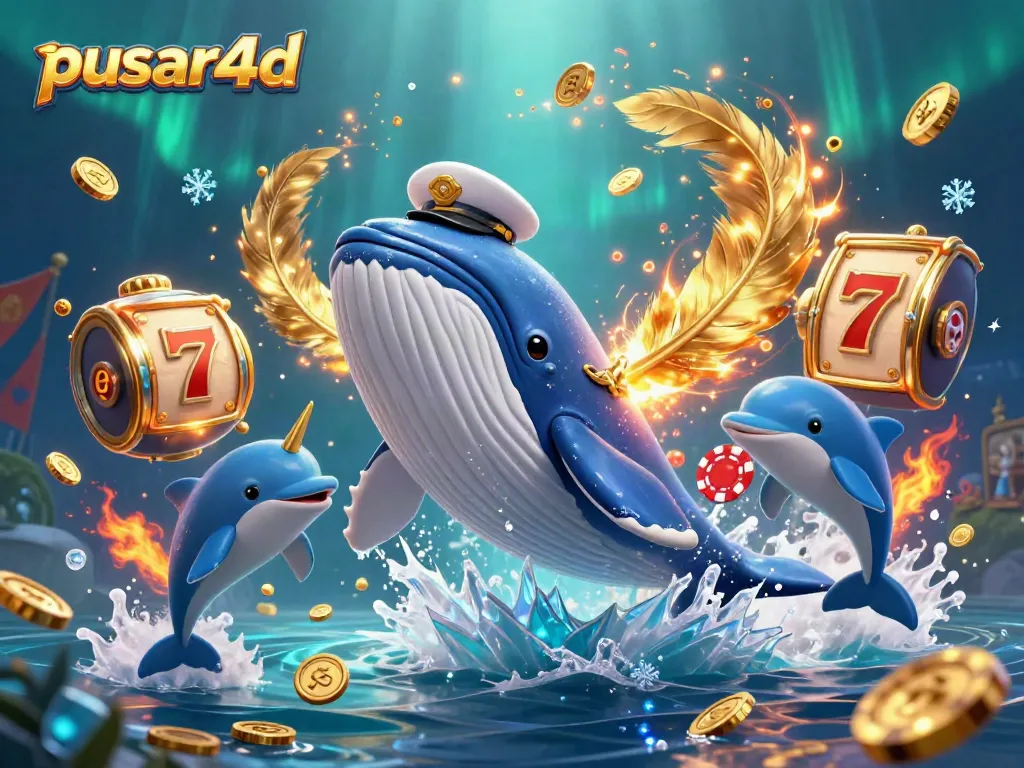 Engage with exciting pusar4d gameplay featuring a giant whale and playful dolphins amidst slots and coins.