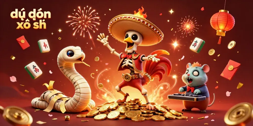 Engaging scene of lively characters celebrating with gold coins; dự đoán xổ số theme.