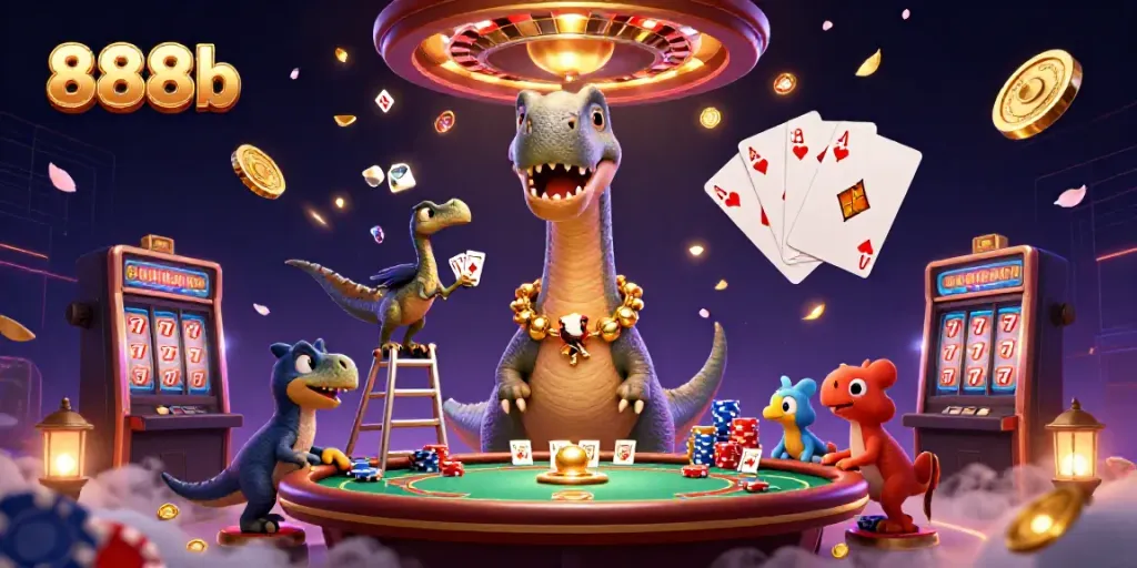 Engage with thrilling visuals at 888b, featuring a dinosaur dealer and dynamic casino elements.