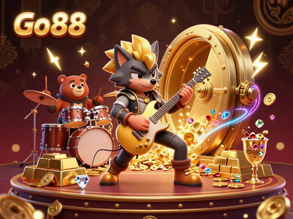 Rock star wolf playing guitar on stage amidst gold treasures in Go88 casino scene.