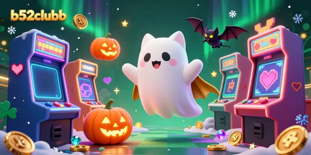 Experience the thrilling world of b52clubb with a ghost cat and a bat in a haunted casino scene.