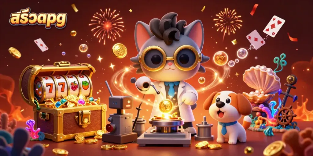Spin and win with สล็อตpg in this vibrant 3D casino scene featuring a mad scientist cat.